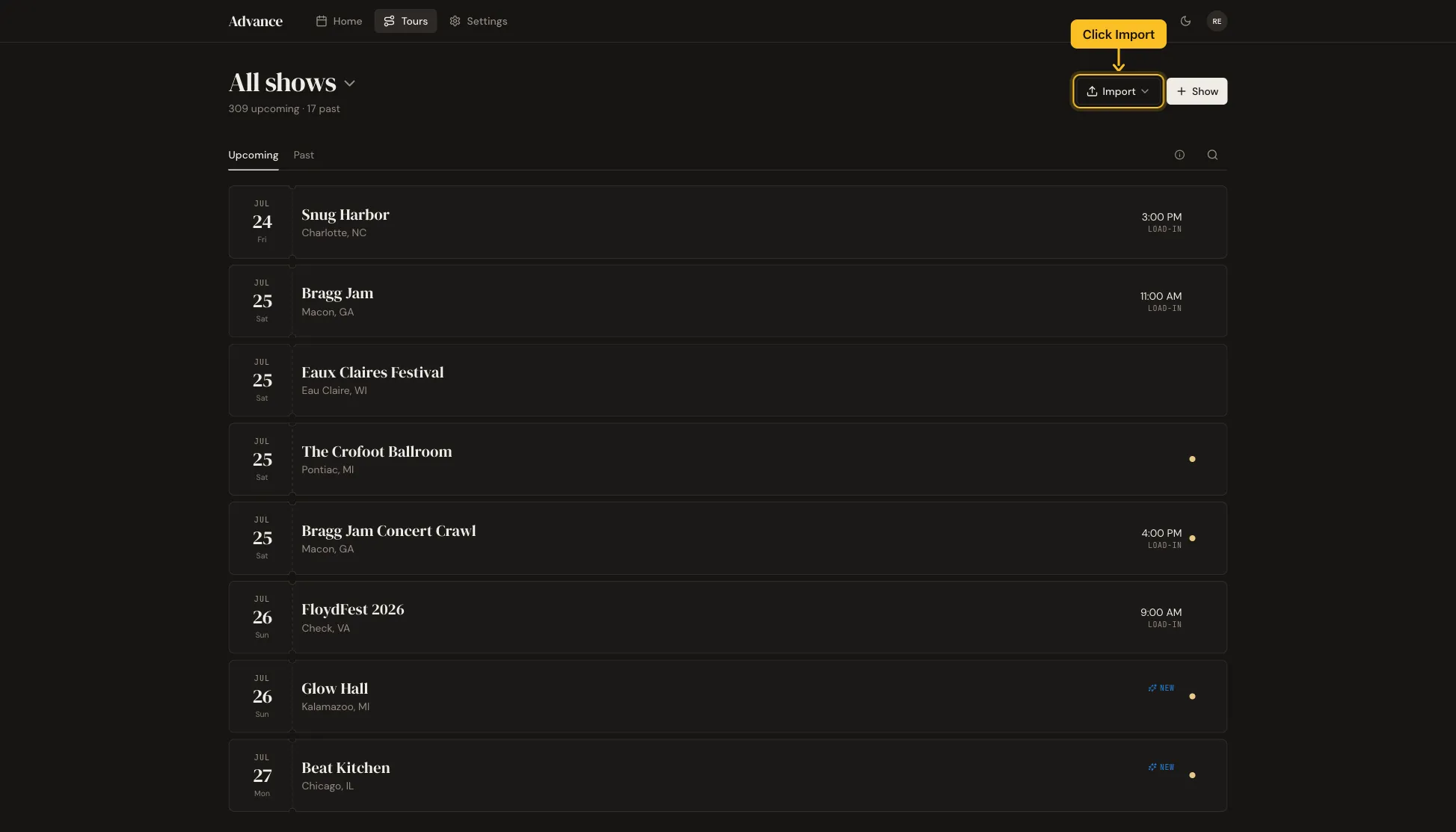The shows list with the Import button highlighted