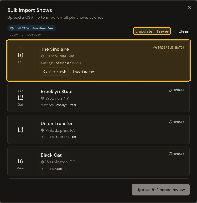 Re-importing the same run: matches become updates, a near-match waits for review