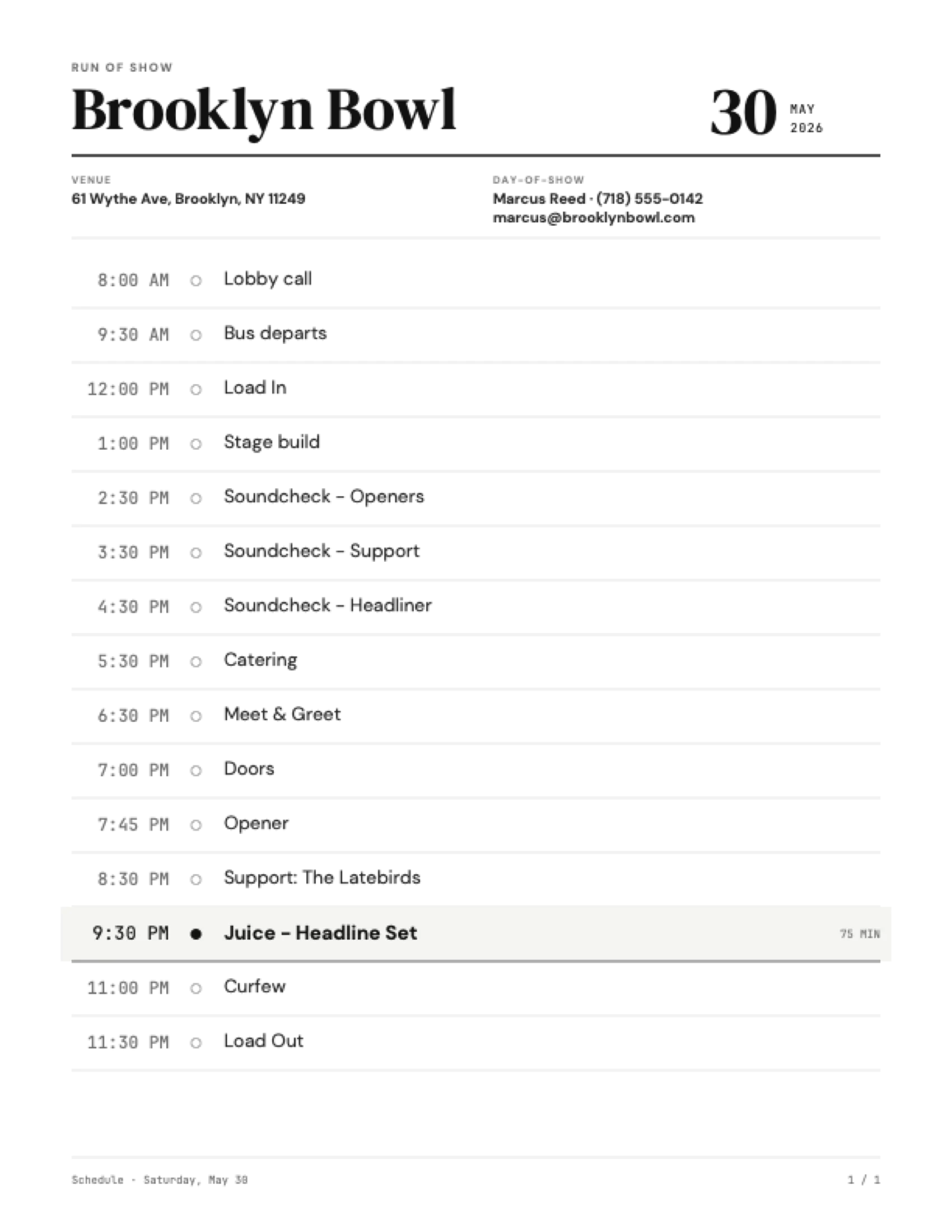 The Schedule sheet as a printed page: venue, date, day-of-show contact, and the full run of show