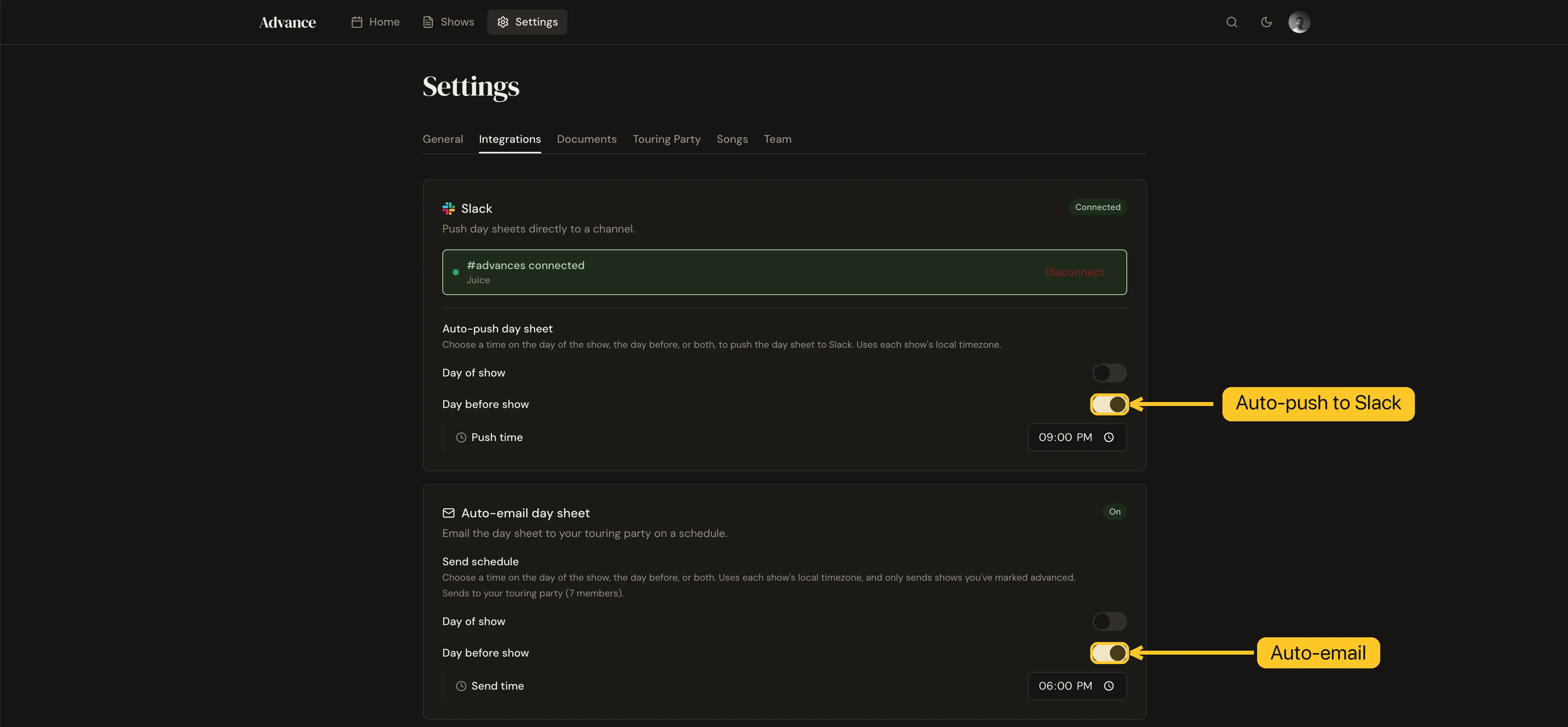 Settings → Integrations, with the auto-email and Slack auto-push schedules turned on