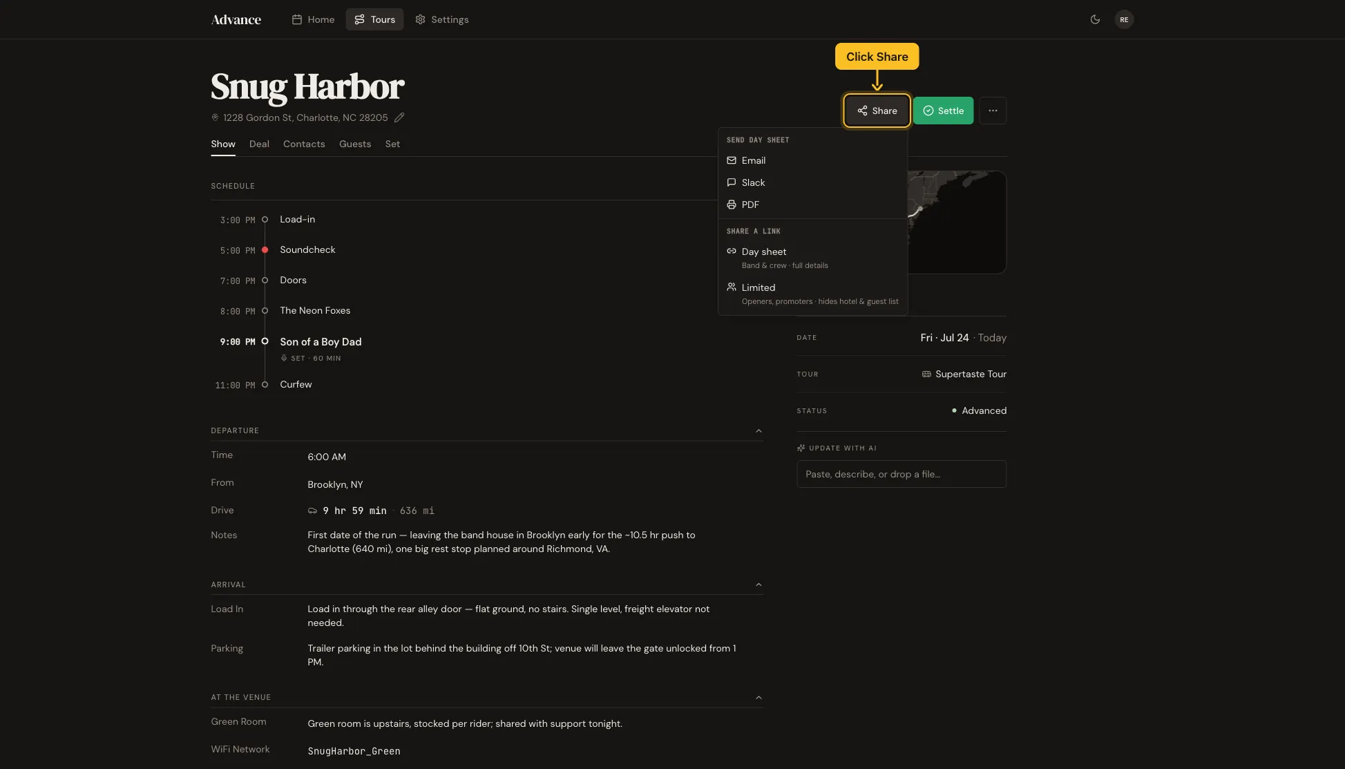 The Share menu on a show detail page, with the day-sheet channels