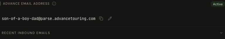 Settings → Integrations → Advance email address, with the address highlighted