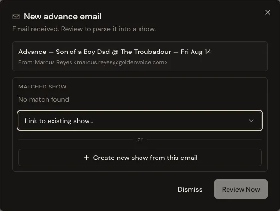 The New advance email popup, with Create new show from this email