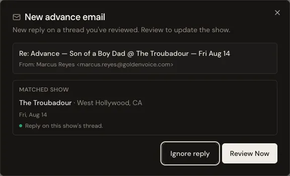 A venue reply re-opening the thread, pre-matched to its show