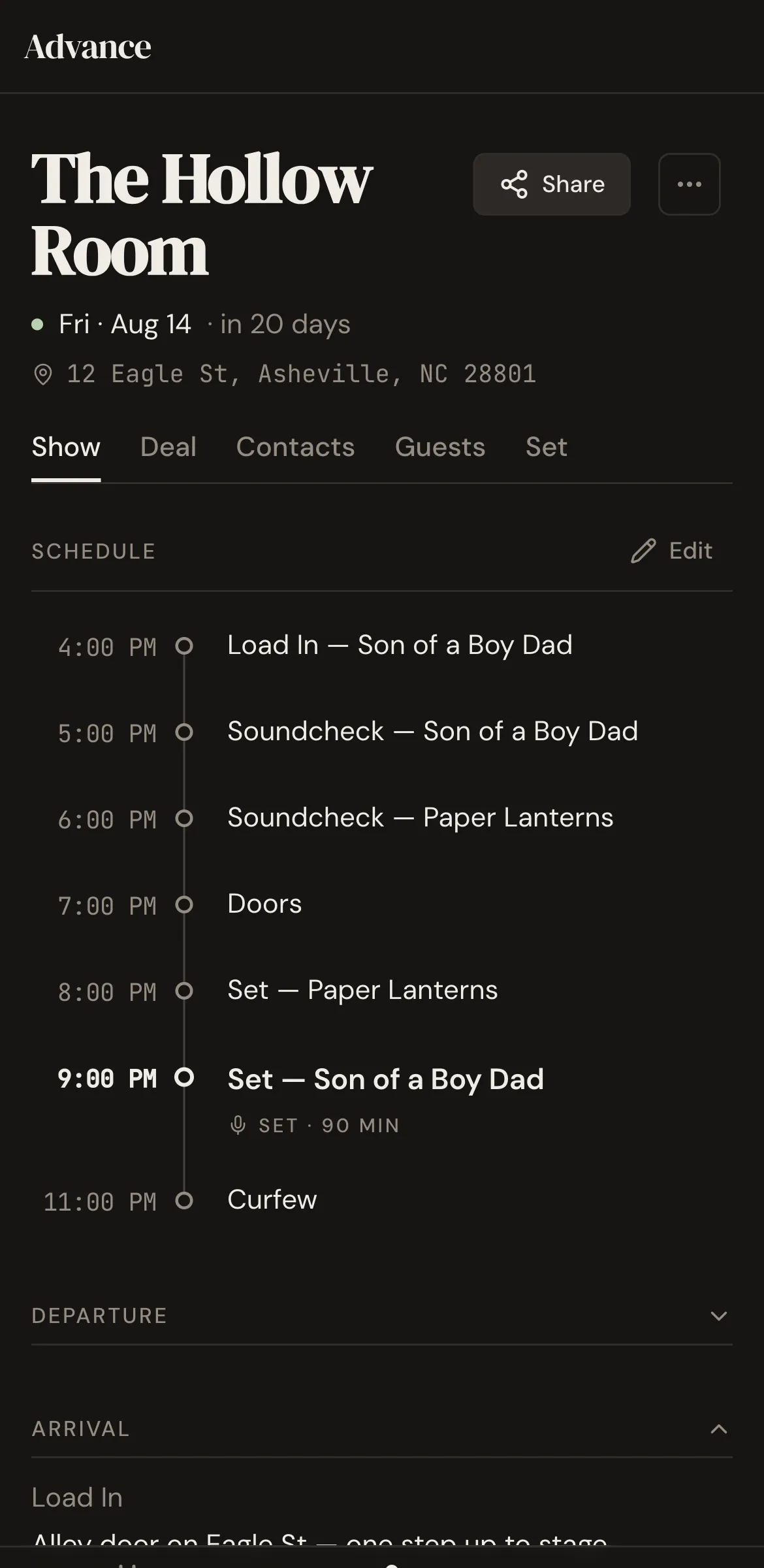 The Advance show page for The Hollow Room, with the date, address, tabs, and full show schedule from load-in through curfew