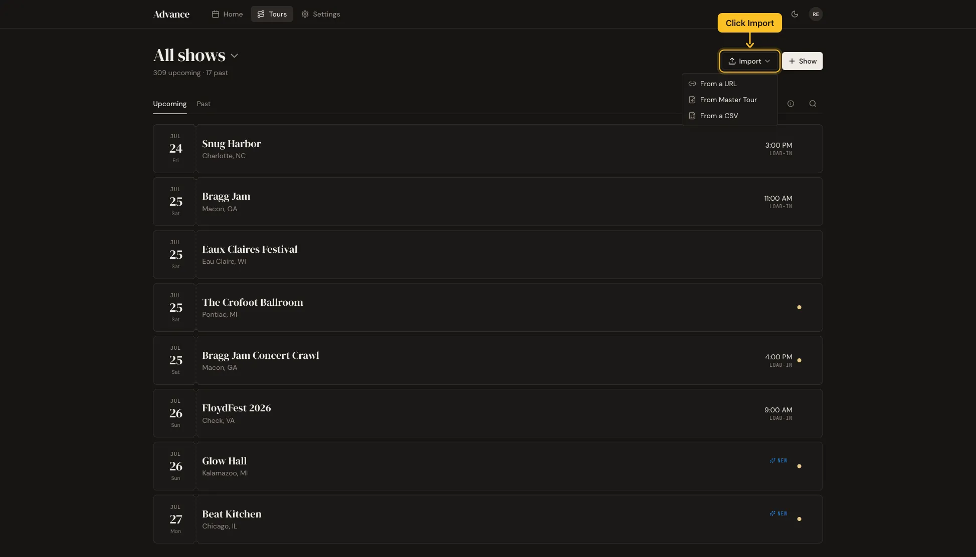 The Import menu open, with From a URL, From Master Tour, and From a CSV
